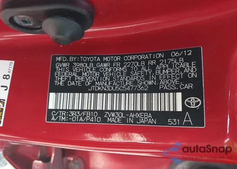 2012 Toyota Prius Two from USA, damaged, VIN JTDKN3DU5C5477362